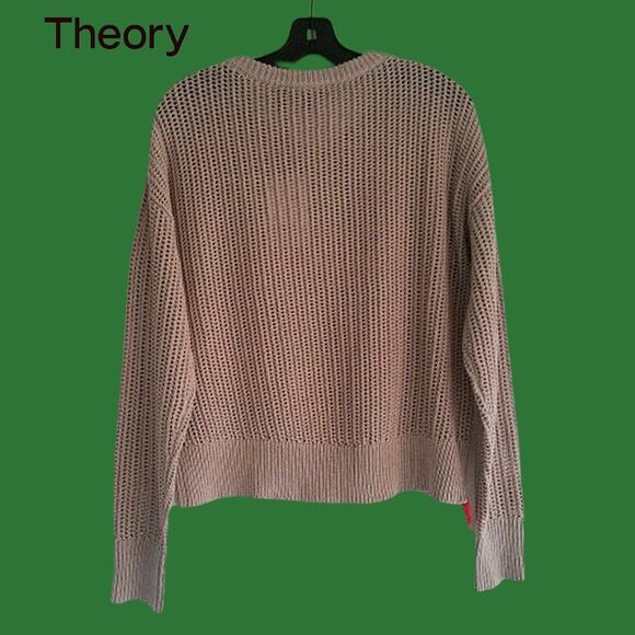 THEORY NEW Scandinavian OATMEAL MELANGE Allover Mesh Rib Trim Knit Sweater L - Picture 7 of 11